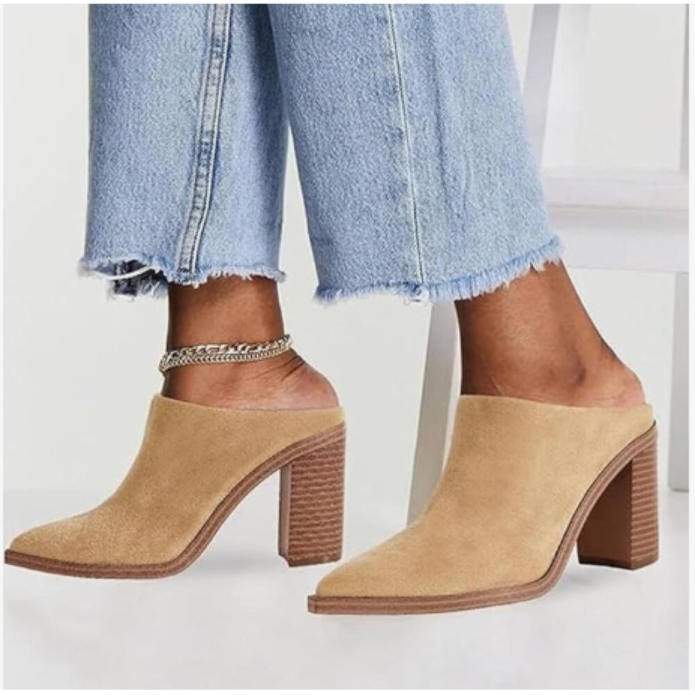 Suede Block Heel Mules in Tan
